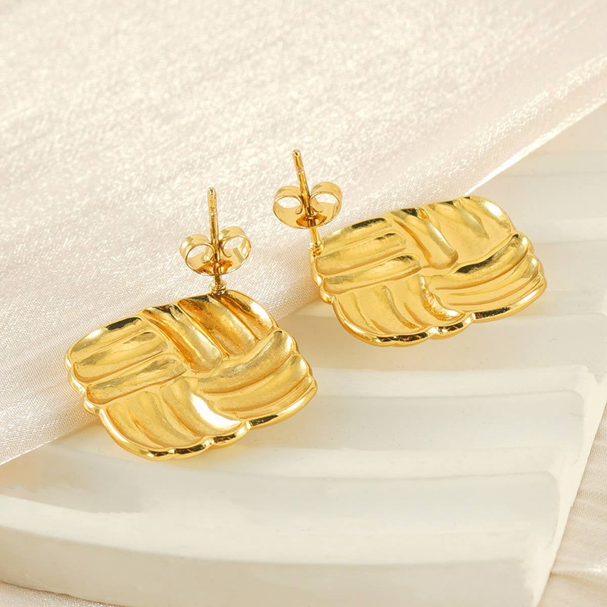 CWAJE1938_Stainless Steel Square Grain Stud Earrings,Gold