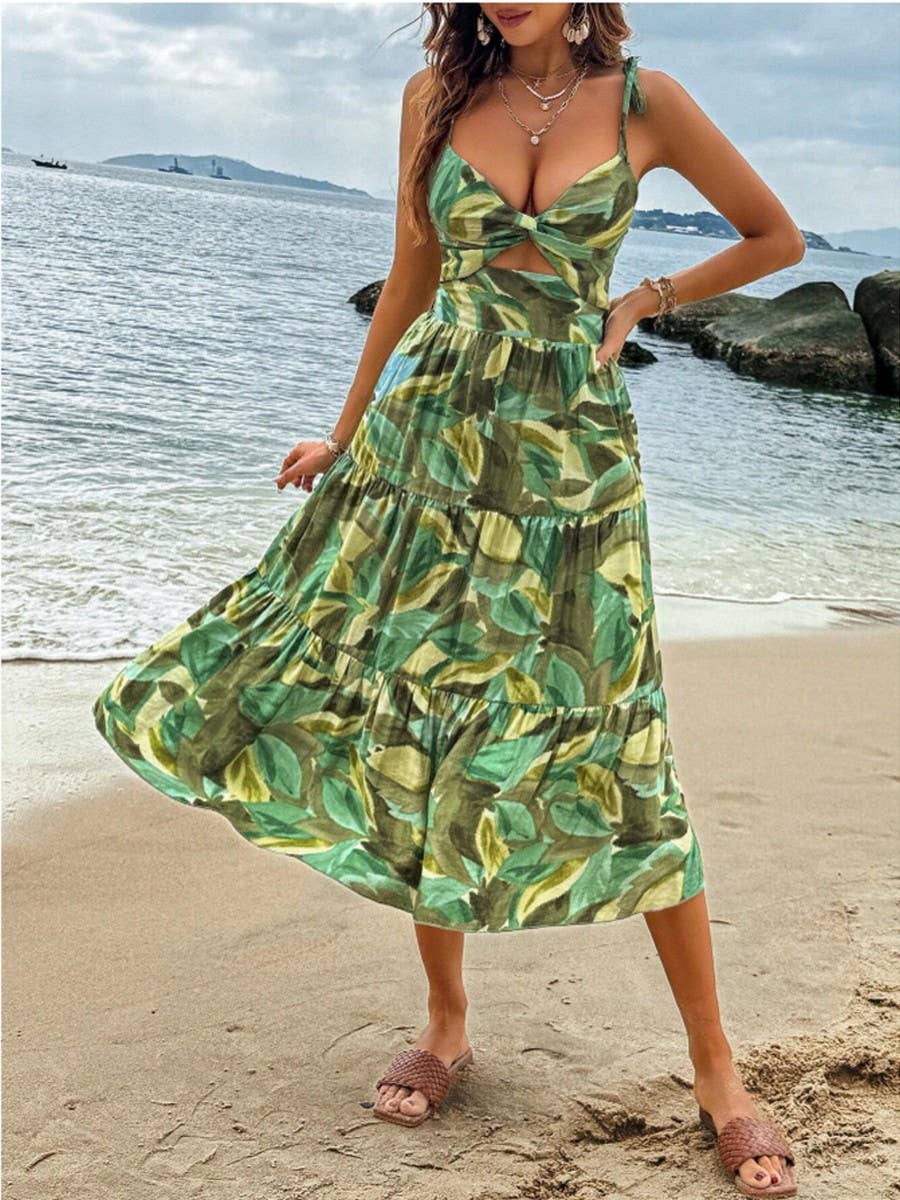 Holiday casual halter print kink cutout dress