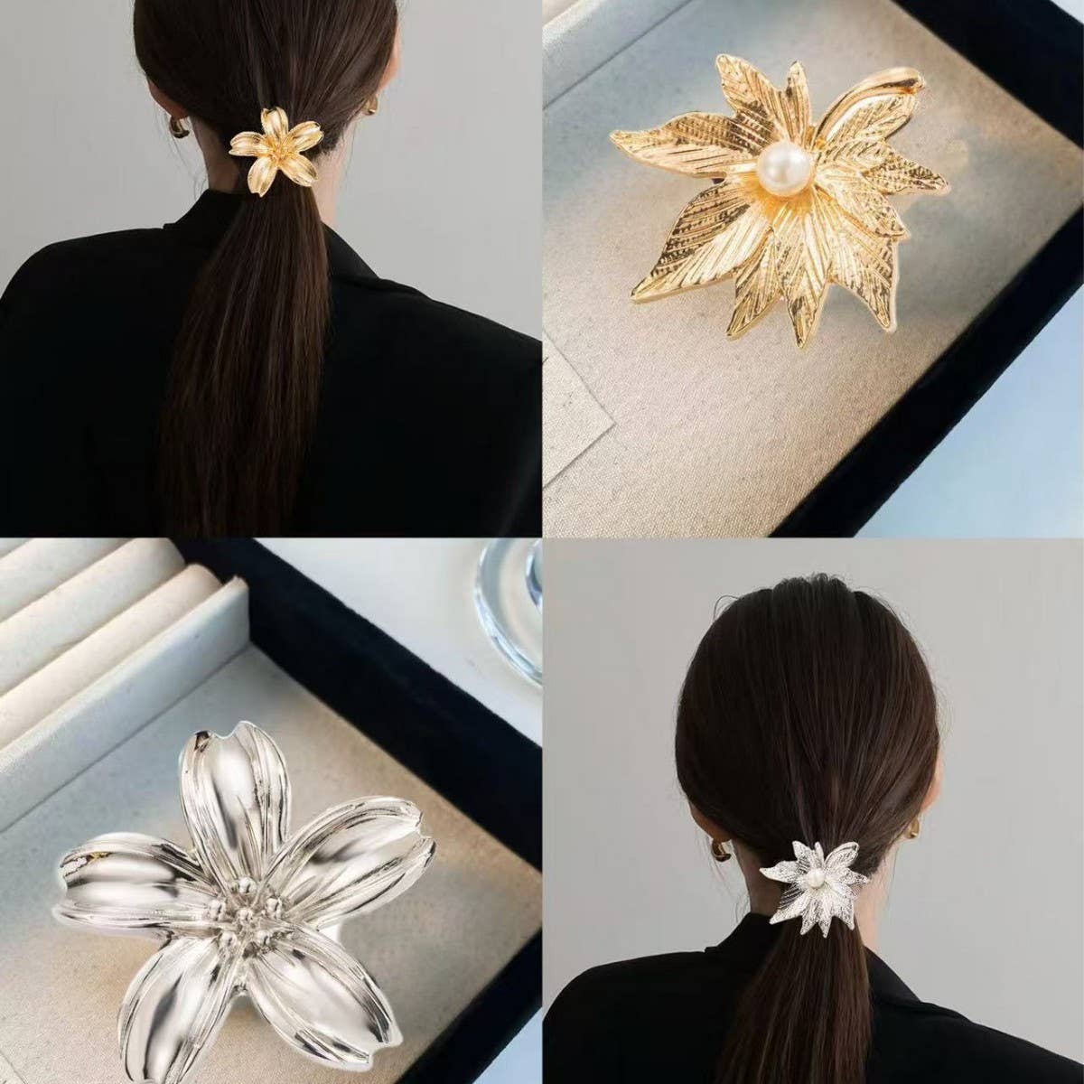 Metal Leaf Flower Elastic Hair Tie for Women