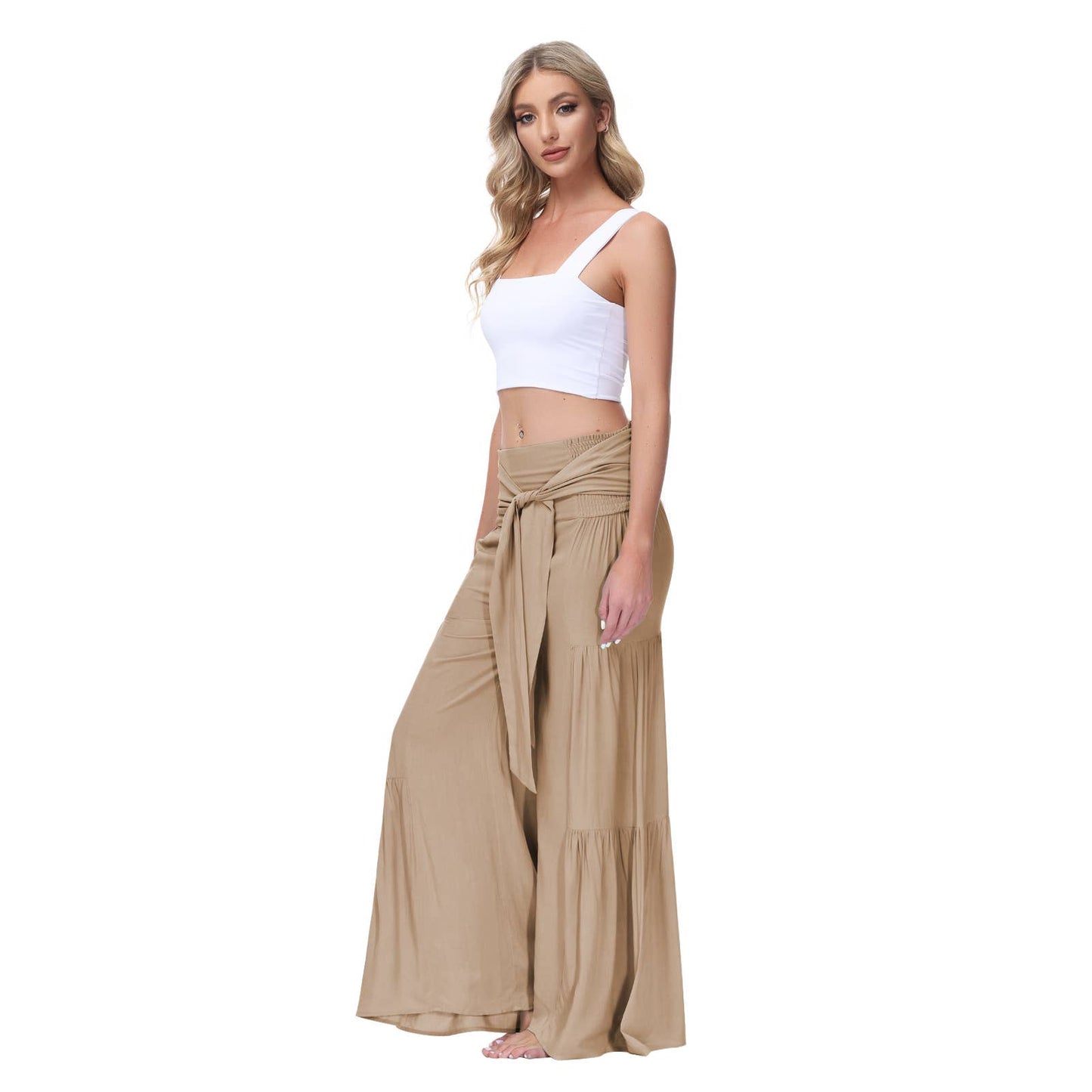 Loose tight straps pleated waists Wide-leg pants