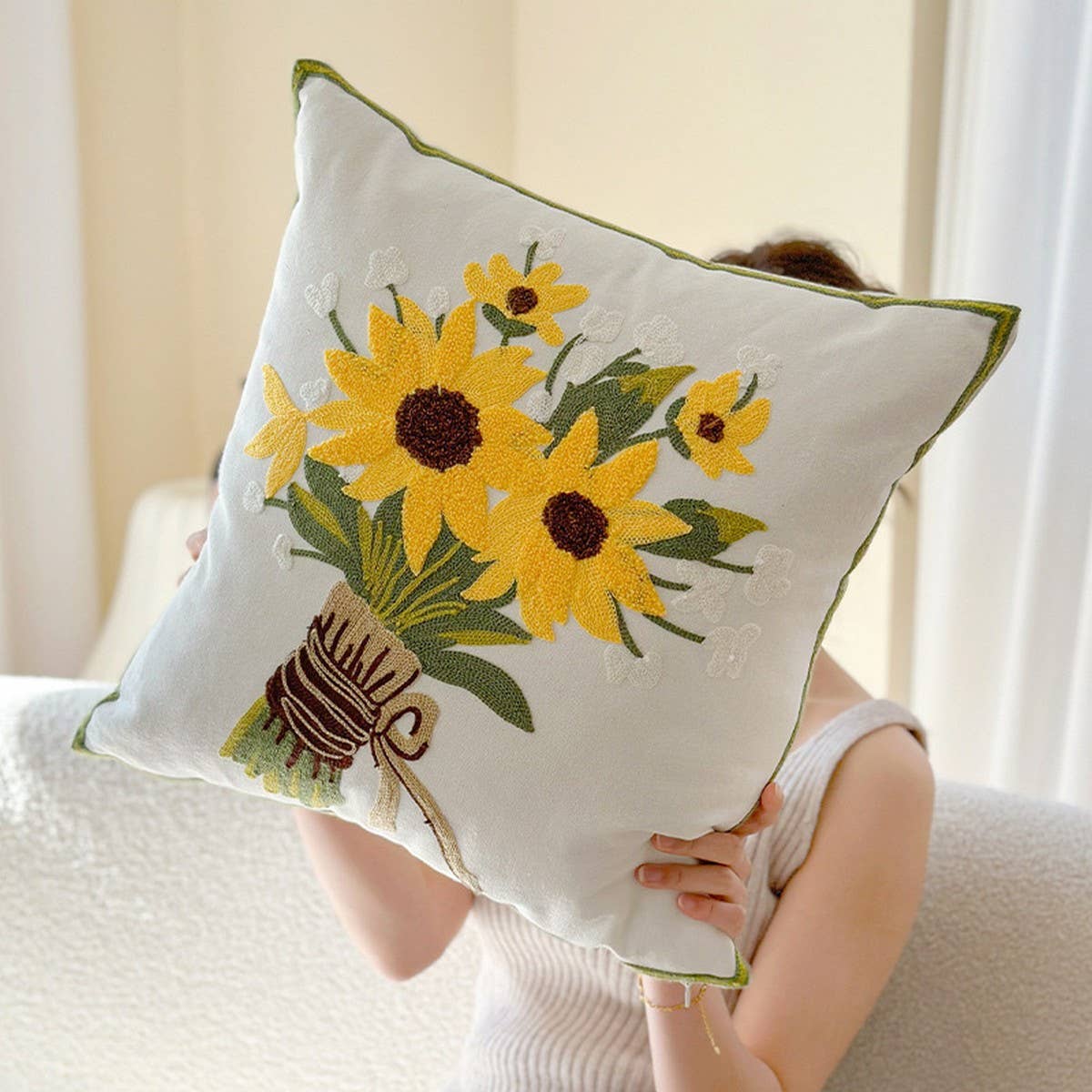 Tulip Embroidered Cute Pillow Cover for Bed & Sofa
