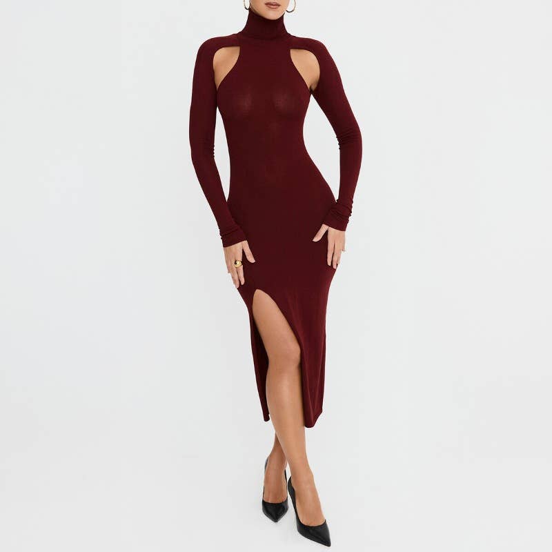 FASHION CUTOUT SLIM DRESS WITH HIGH NECK AND SLIT