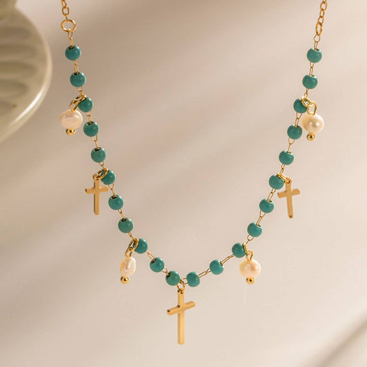 FRENCH TURQUOISE CROSS PENDANT NECKLACE