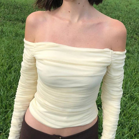 Sexy Off-Shoulder Mesh Bell Sleeve Crop Top