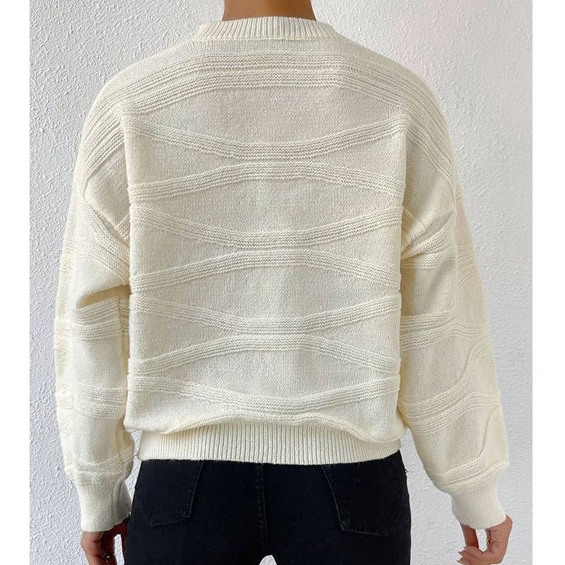 SOLID COLOR CORRUGATED CREW NECK PULLOVER SWEATER
