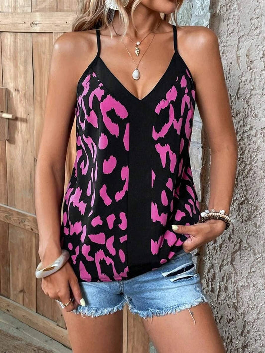 V-NECK LEOPARD PRINT SPLICING SUSPENDERS