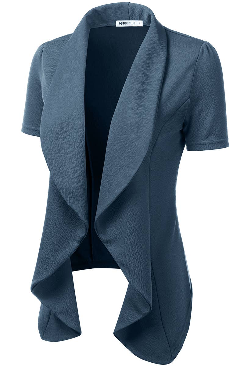 CWOBL095_Short Sleeve Open Front Draped Ruffles Blouses