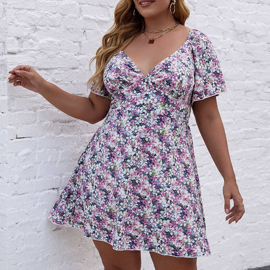 V-NECK WAIST CINCHED LARGE HEM PRINTED DRESS