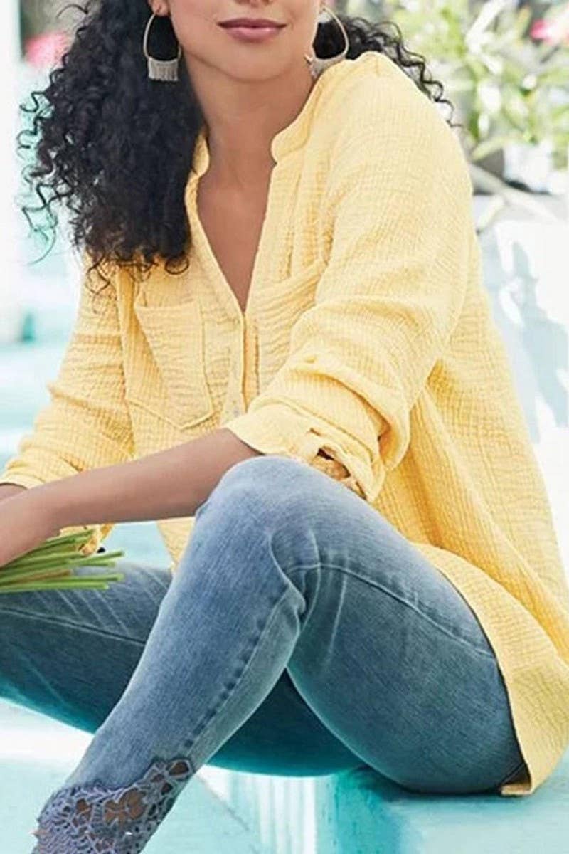 SOLID COLOR V NECK POCKET LOOSE STYLISH SHIRT_CWTSTL1138