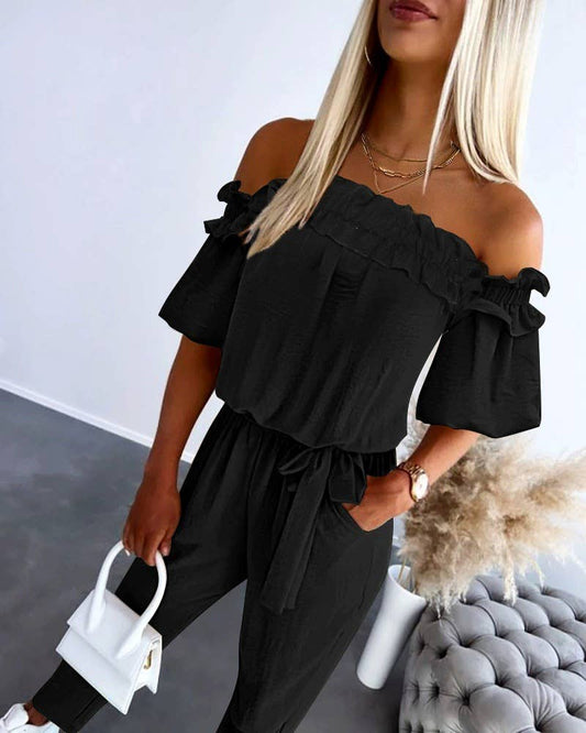 One-shoulder lace solid color jumpsuit