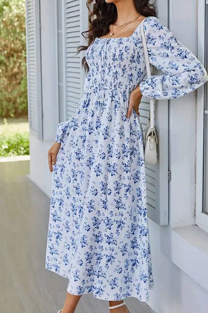 CWDMD5040_SPRING AND SUMMER SQUARE NECK SLIT FLORAL DRESS