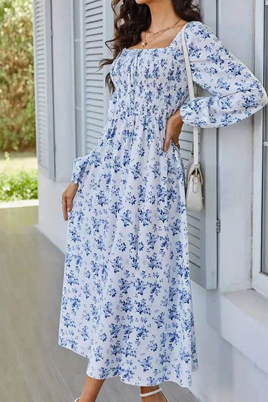 CWDMD5040_SPRING AND SUMMER SQUARE NECK SLIT FLORAL DRESS