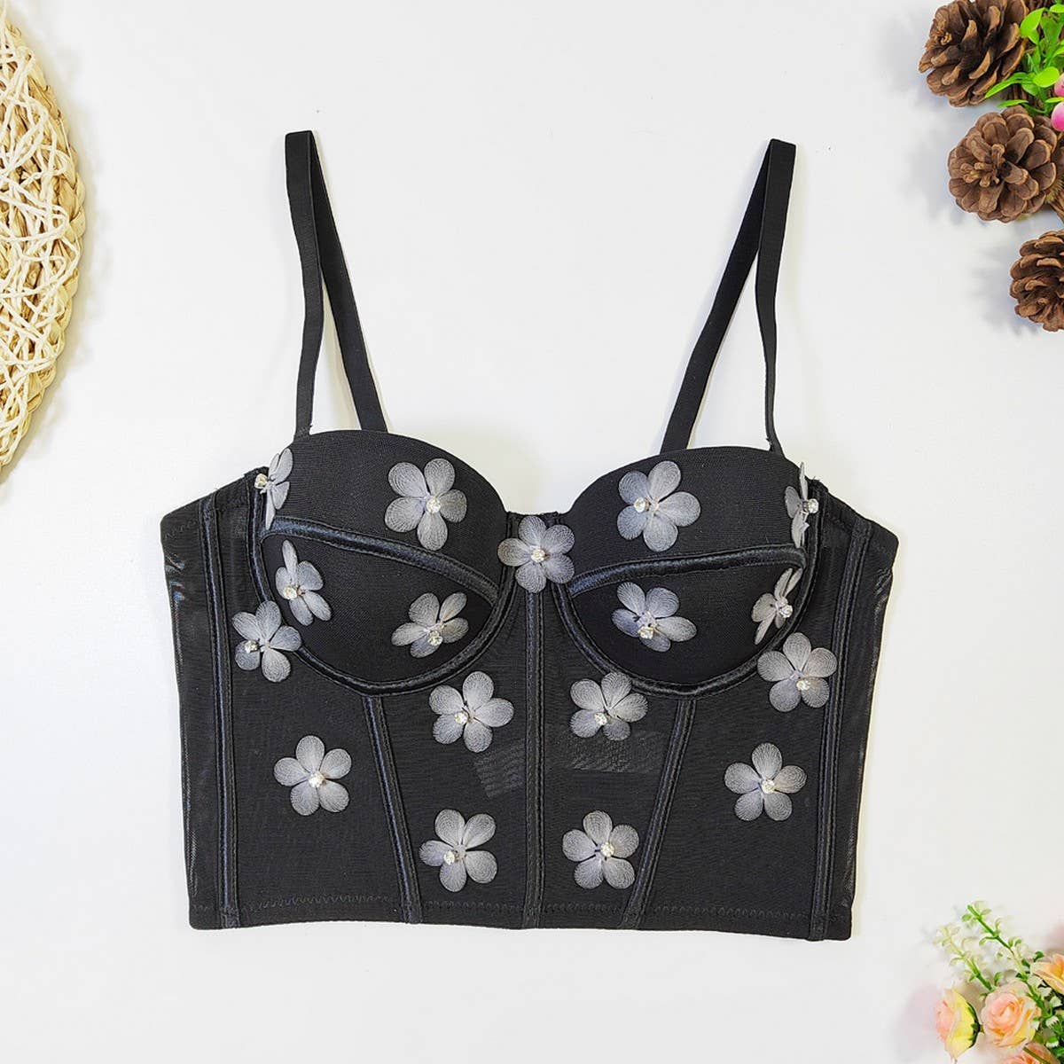 SWEET FLOWER BEADED HERRINGBONE CORSET