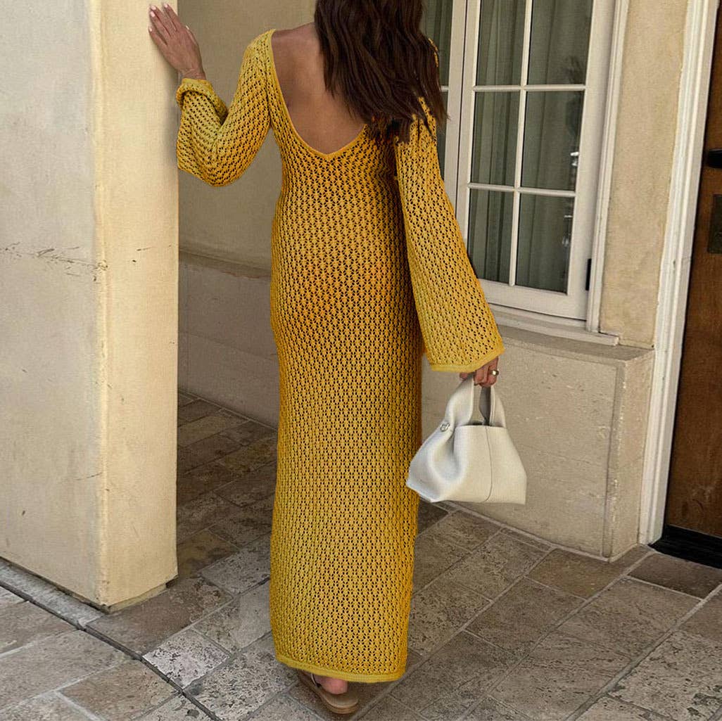 V-Neck Long Sleeve Fit Solid Hollow-Out Dress