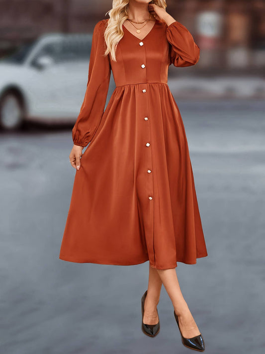 Single breasted solid color satin shirt dress