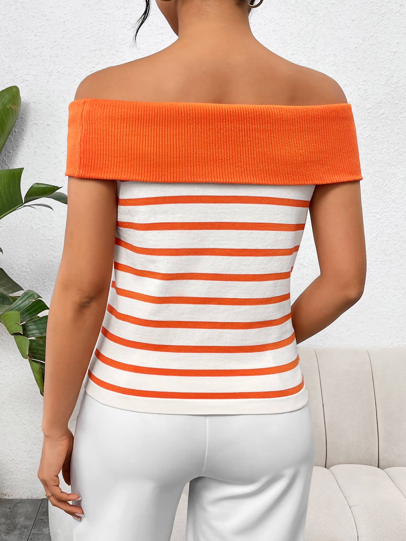 Stylish striped off-the-shoulder pullover sweater