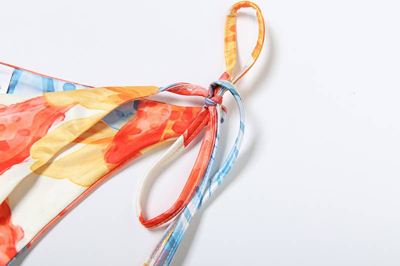 Sexy Tie Front Printed Bikini Three-Piece Set