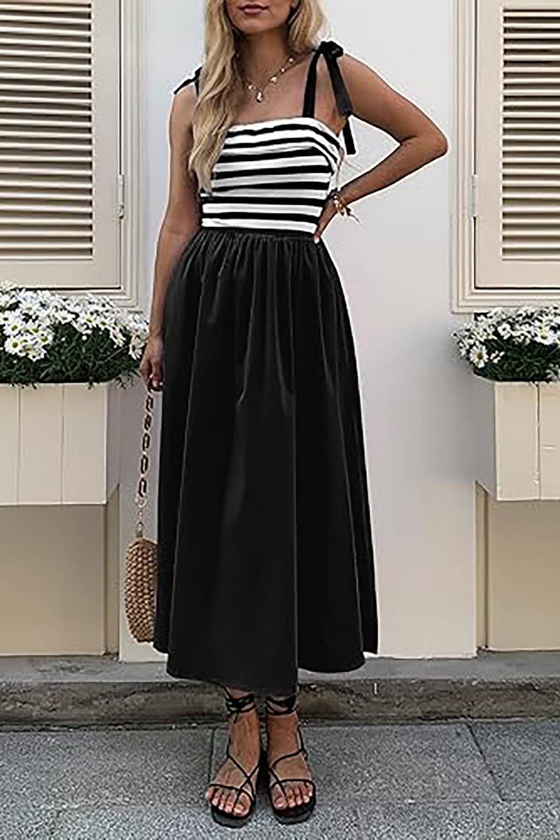 CWDMD5701_SLEEVELESS TIE POCKET STRIPED BEACH DRESS