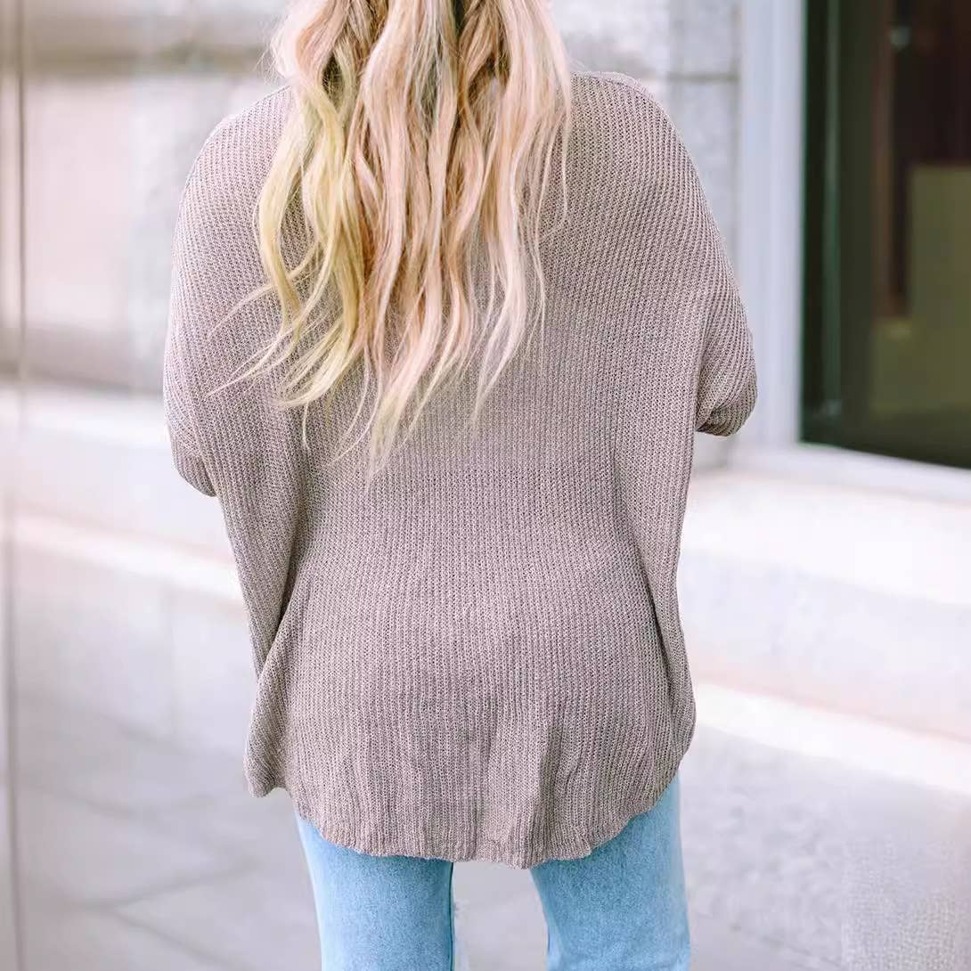 HOLLOW-OUT SOLID COLOR CREW NECK PULLOVER SWEATER