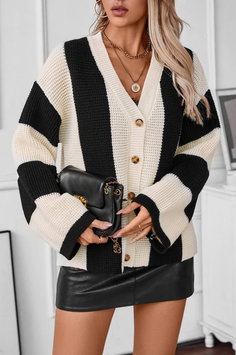 CWOCAL0833_CONTRAST STRIPE LOOSE CARDIGAN SWEATER