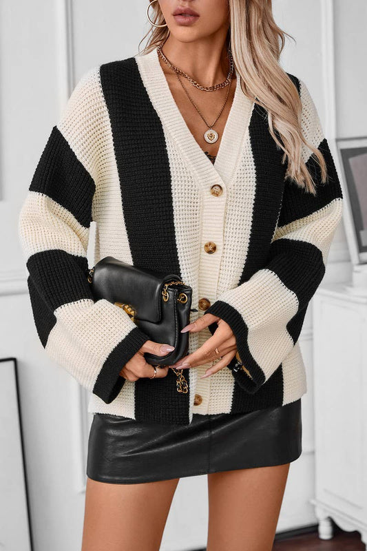 CWOCAL0833_CONTRAST STRIPE LOOSE CARDIGAN SWEATER