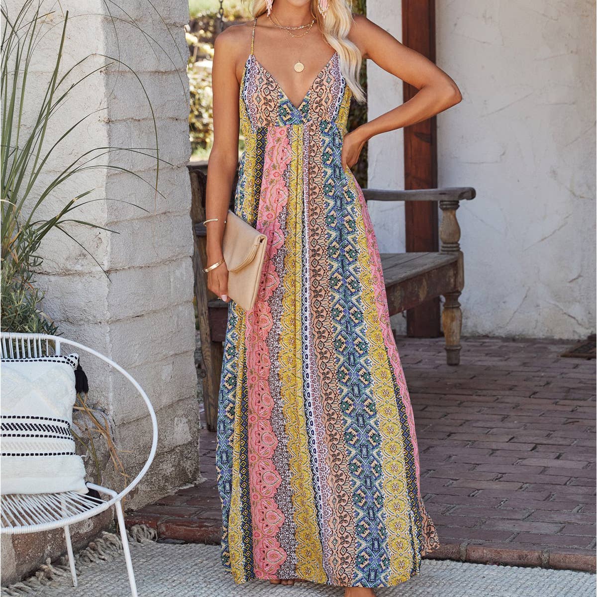 Bohemian Floral Print Strap Maxi Dress_Cwdhl0867