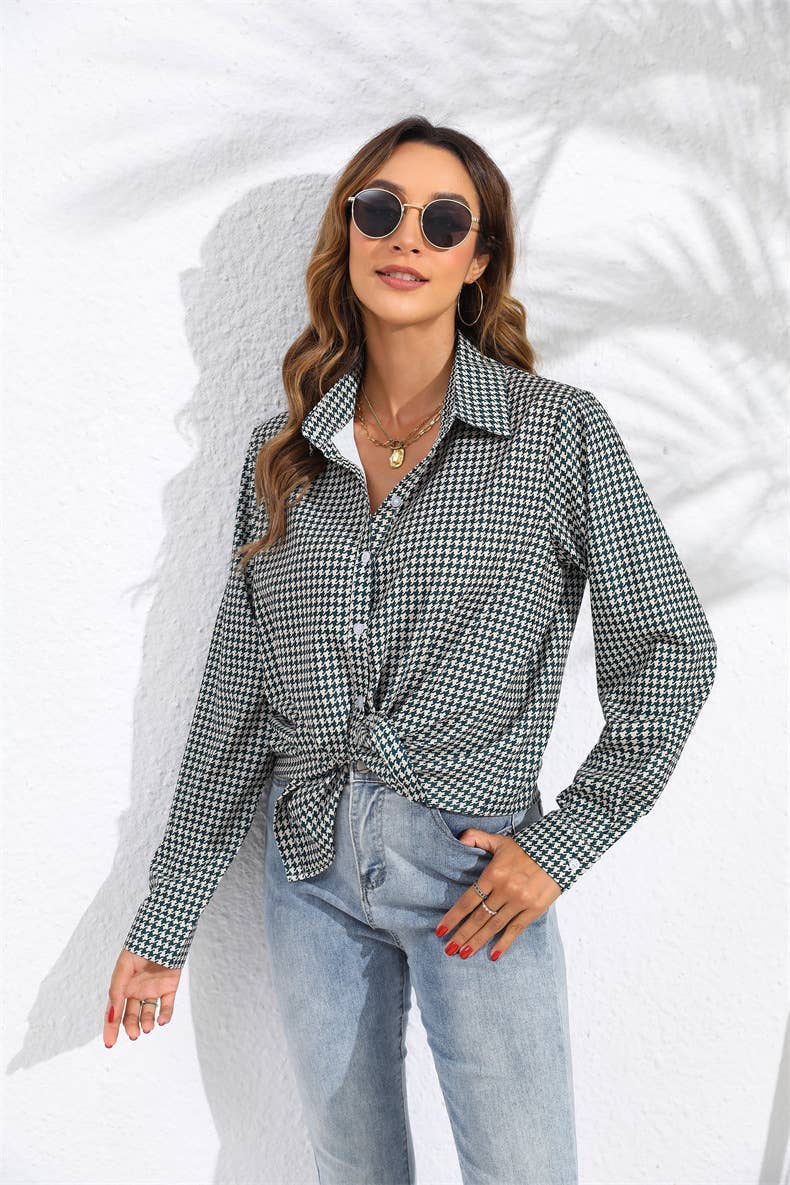 Lapel checked loose casual long-sleeved shirt