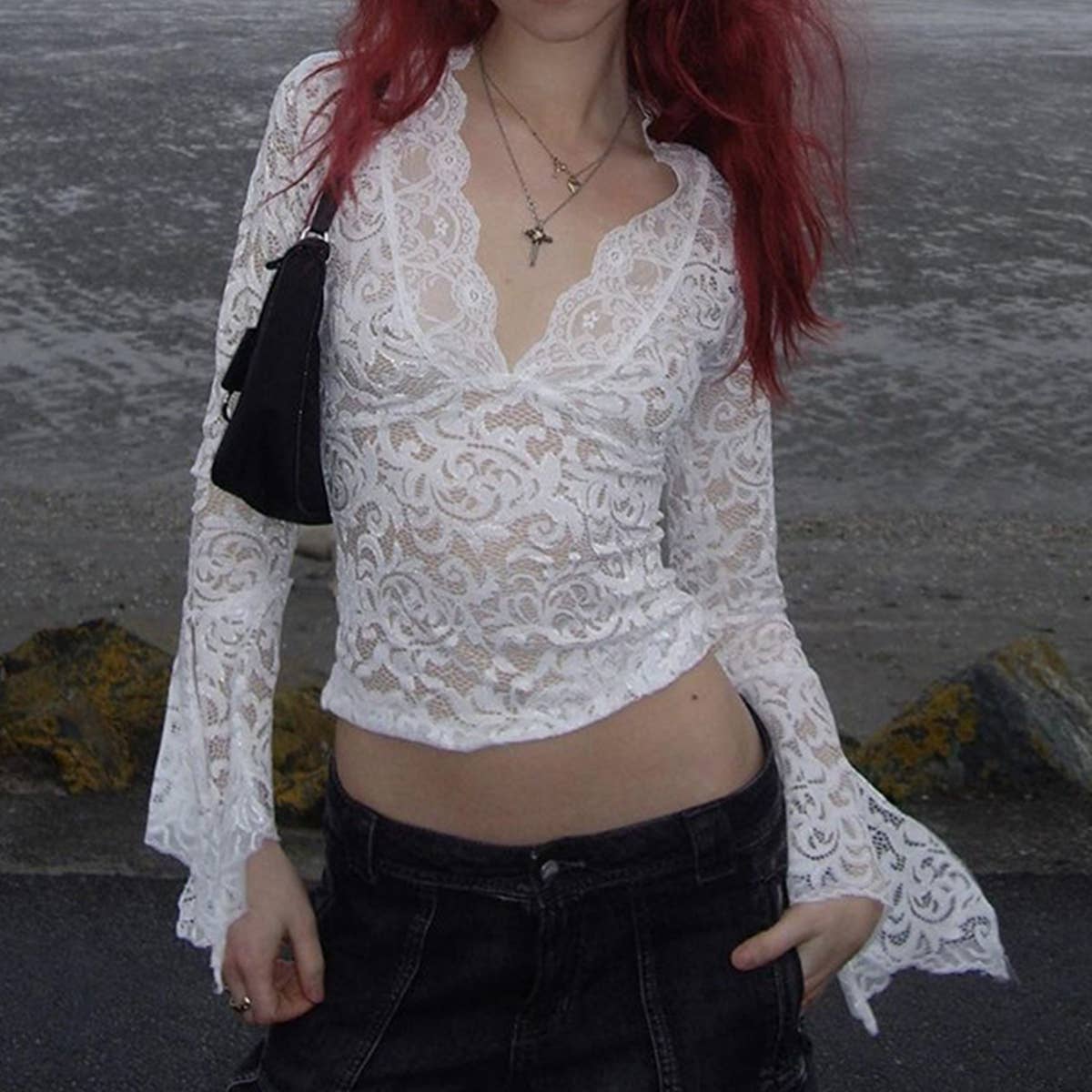 Sexy Deep V Lace Trim Slim Fit Crop Top