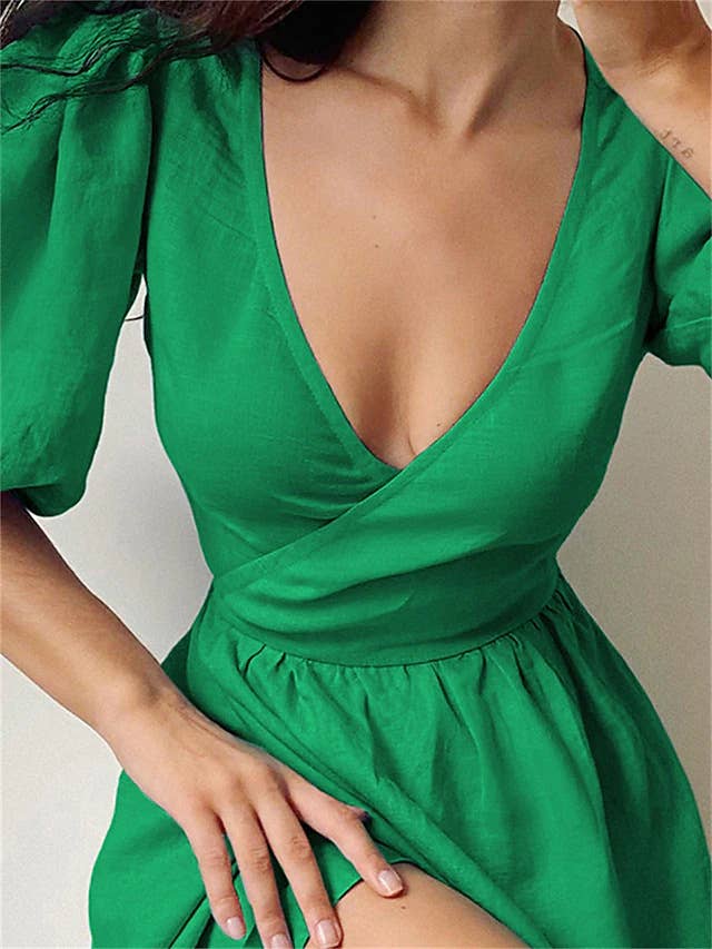 Elegant Solid Puff Sleeve Tie Slit Dress