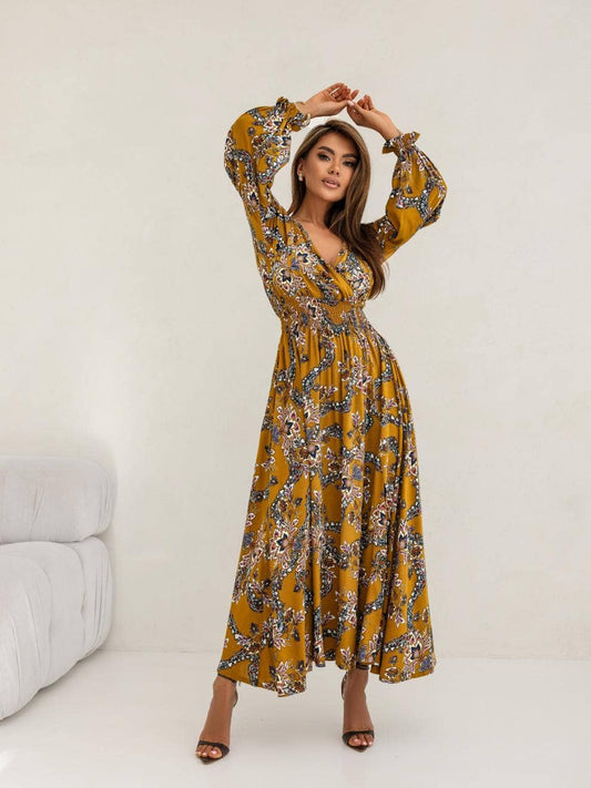 Printed V-neck lantern long sleeve slit dress