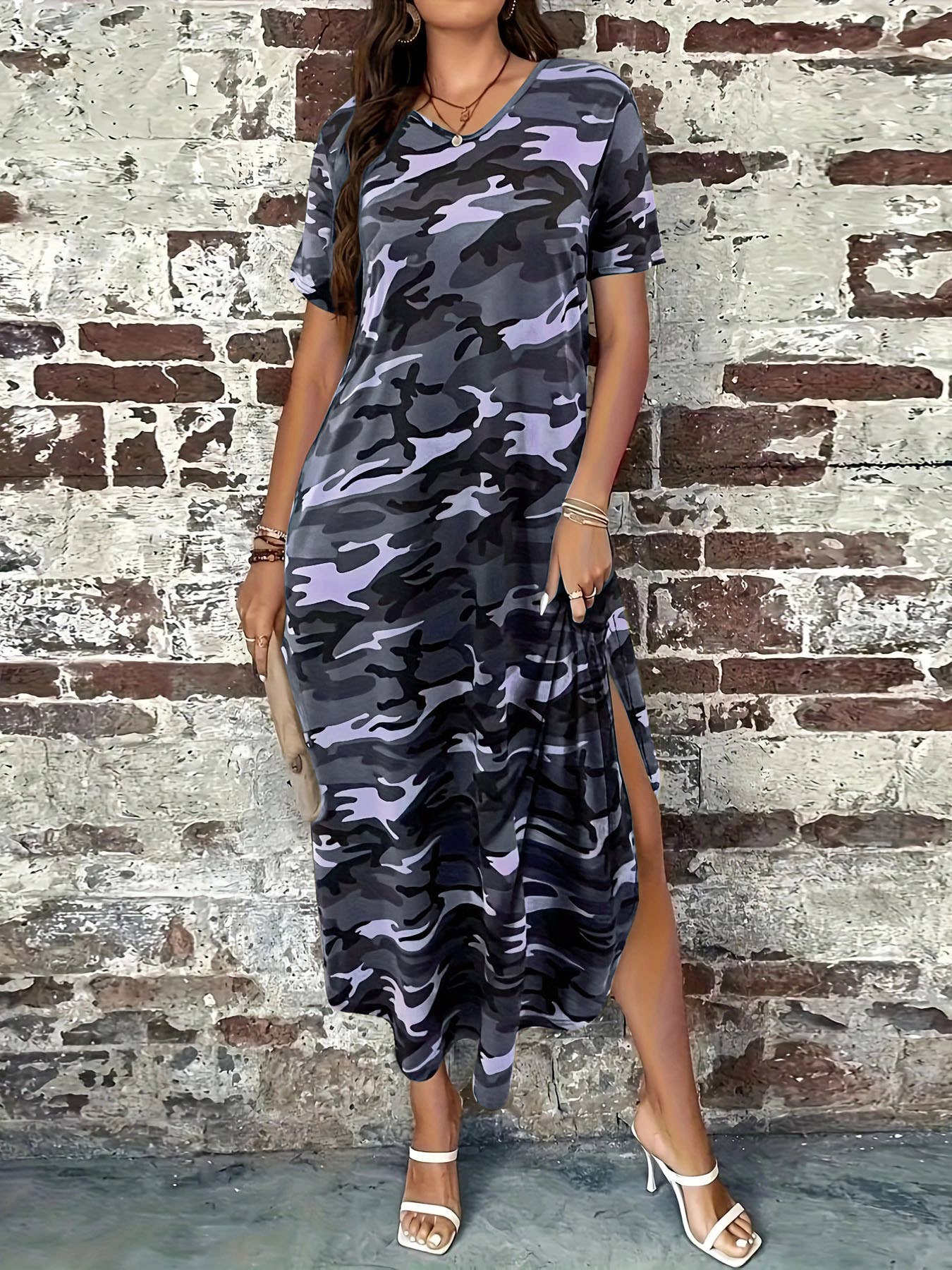 Long loose camouflage printed dress