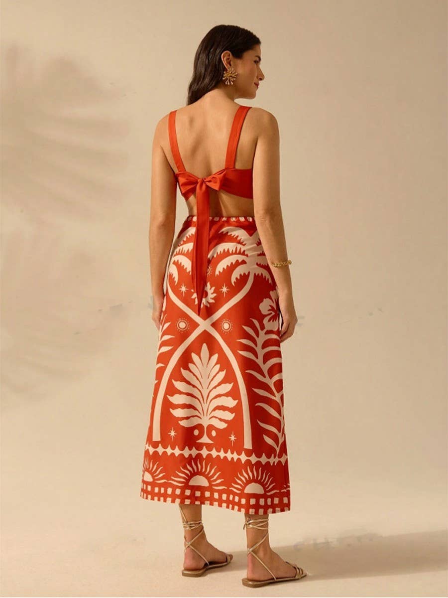 Printed short halter top fitted ultra maxi suit