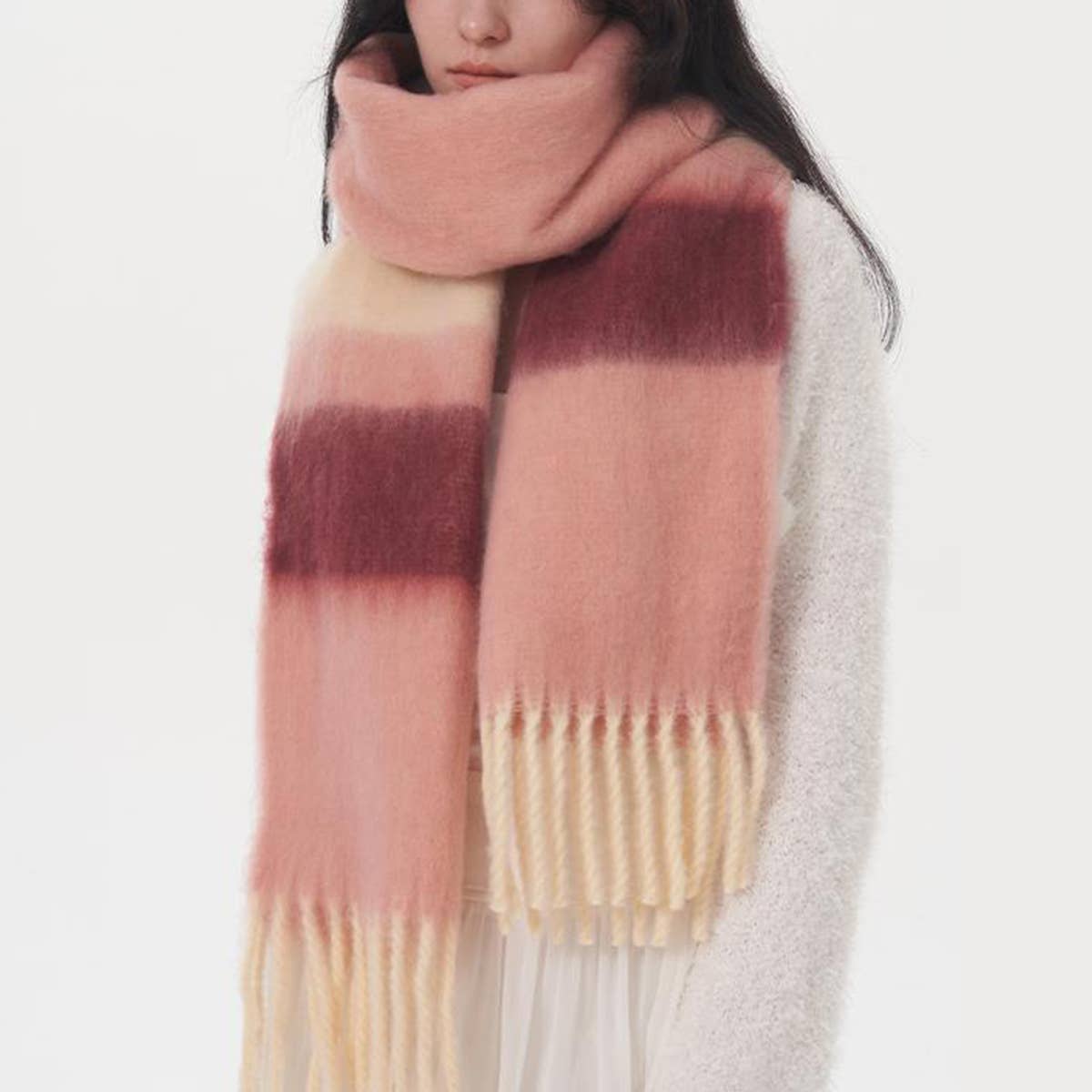 WOMEN CONTRASTING STRIPED FRINGED PLAID SCARF