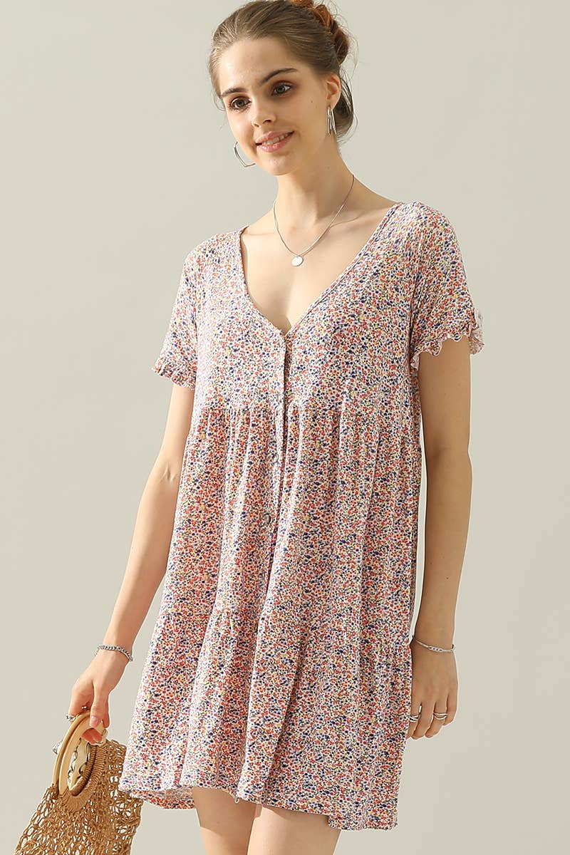 CWDSD10410_V NECK BUTTON DOWN WITH RUFFLE SLEEVE DRESS