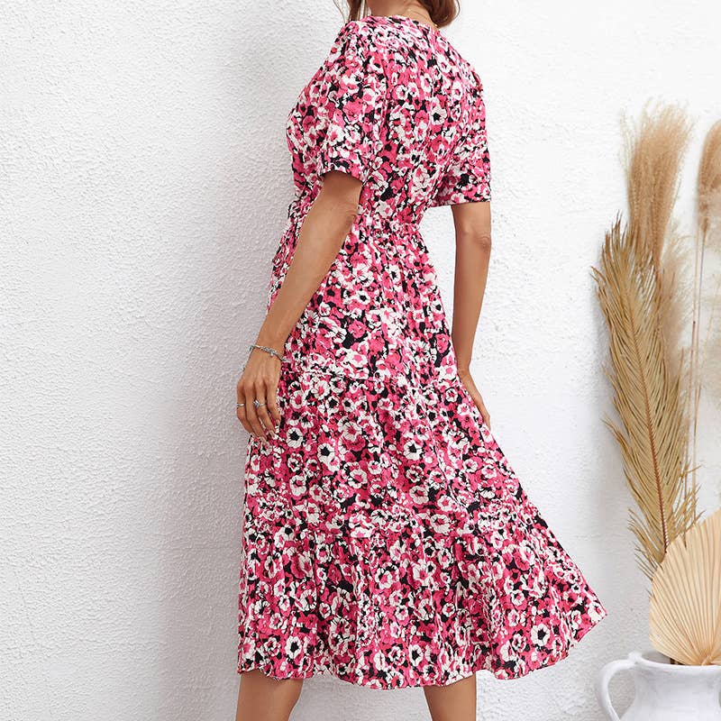 LAPEL WAIST FLORAL PRINT MID-LENGTH SWING DRESS