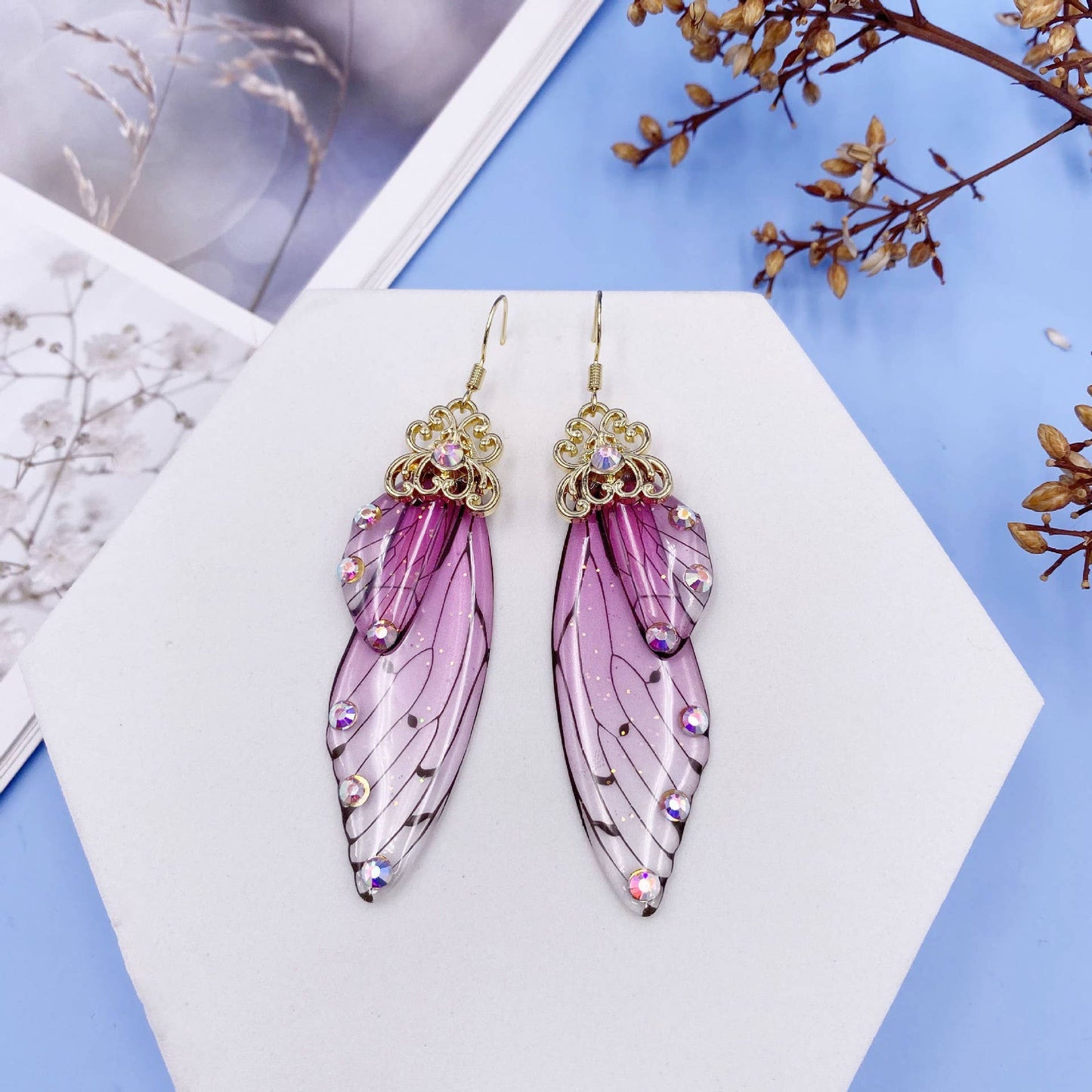 Elegant long earrings with cicada wing wings
