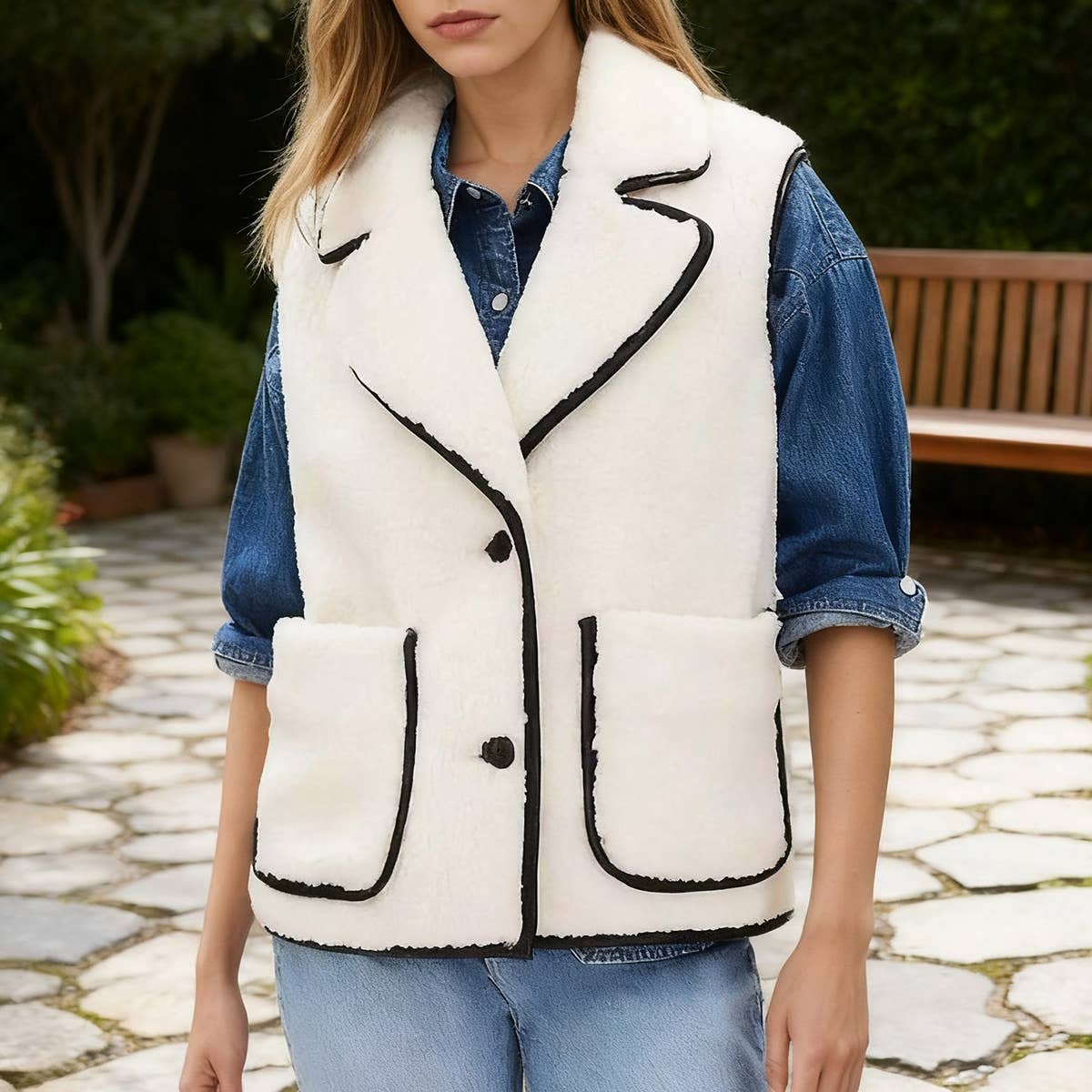 Lambskin lapel black fringed vest