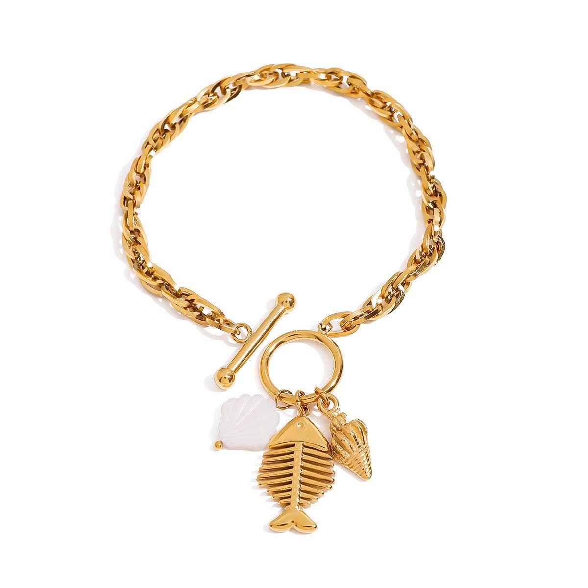 Fishbone Shell Charm Bracelet, 18K Gold Steel