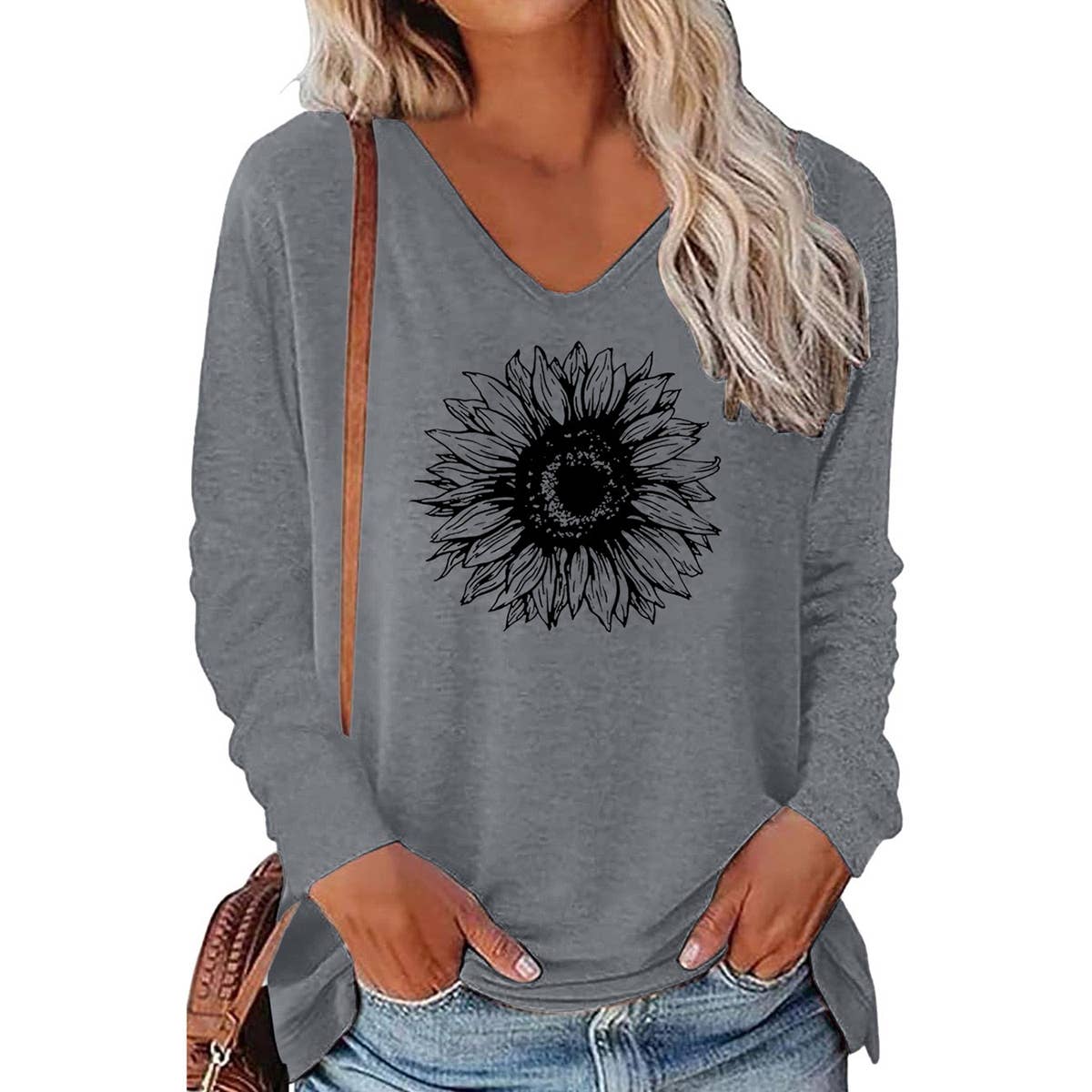 WOMEN'S PRINTED V-NECK LONG SLEEVE LOOSE T-SHIRT