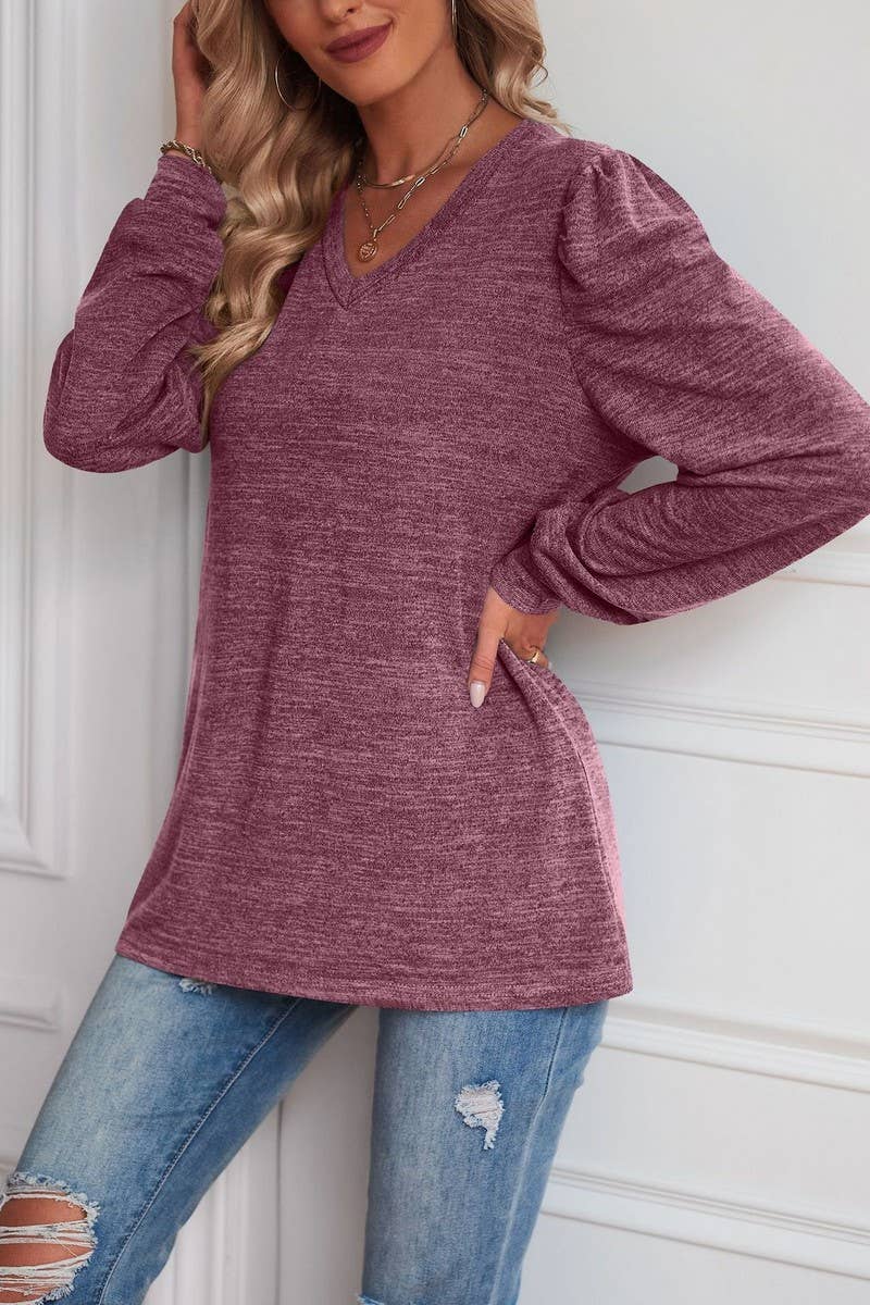 WOMEN PUFF SLEEVE V NECK BLOUSE_CWTBLL0576