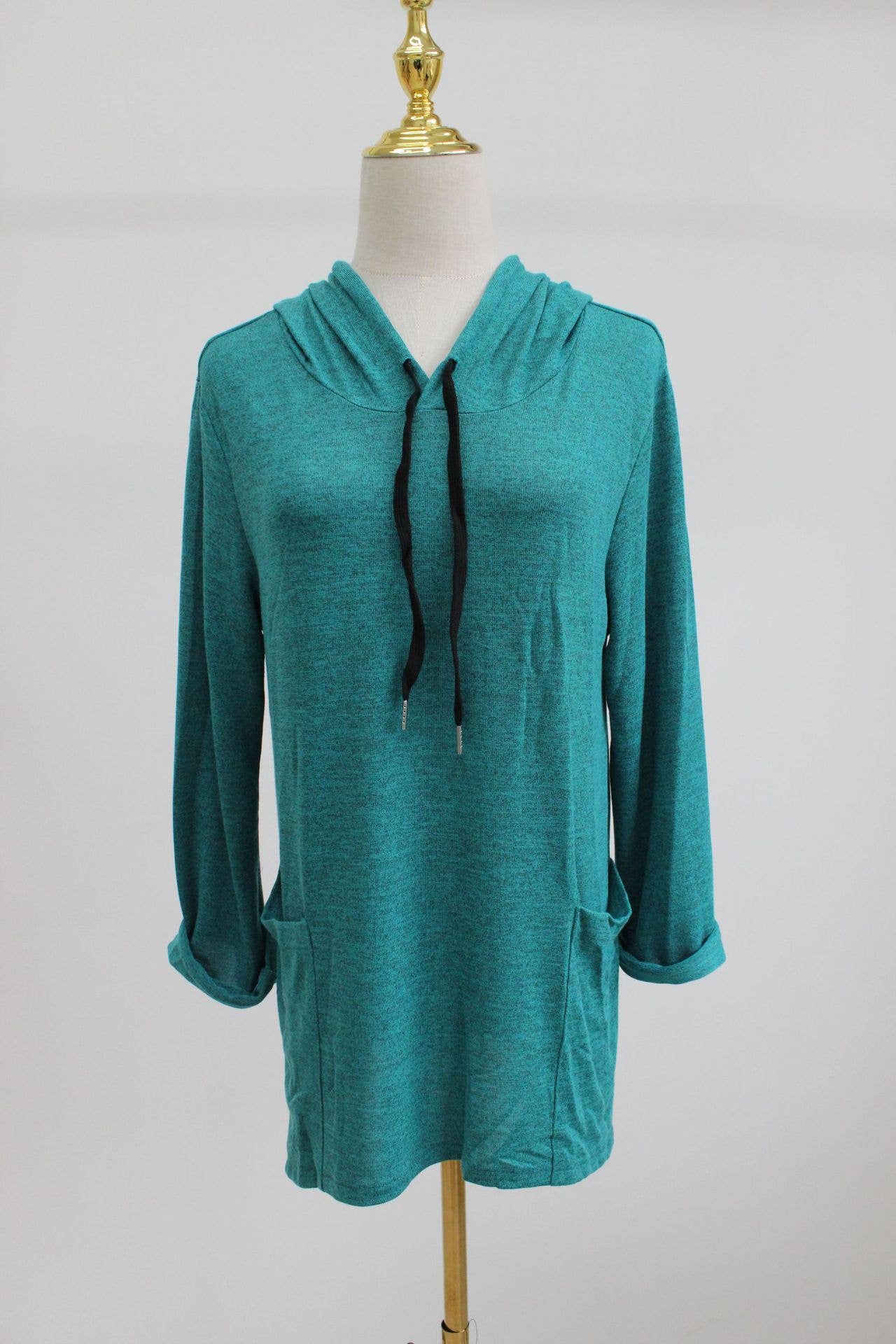 HOODED SOLID COLOR BAGGY IRREGULAR POCKET TOP