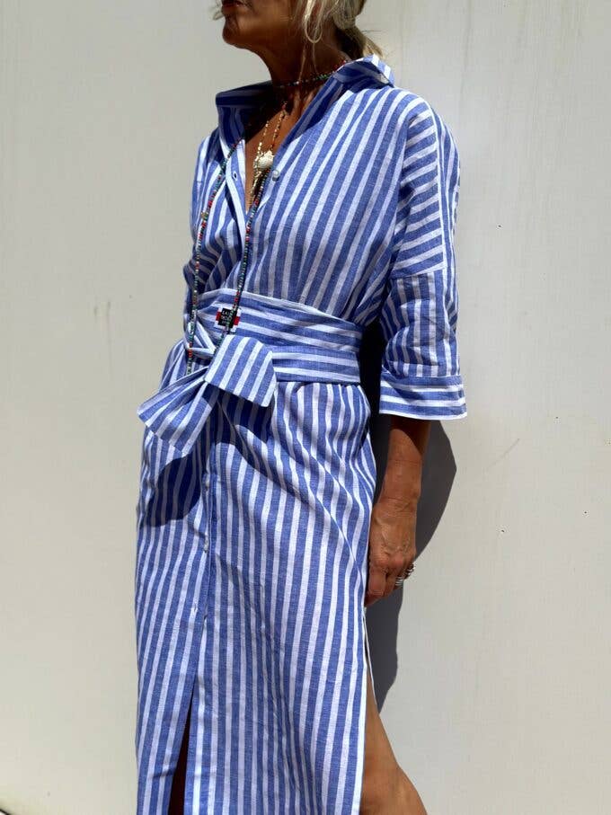 FIVE-QUARTER SLEEVE STRIPED SHIRT DRESS