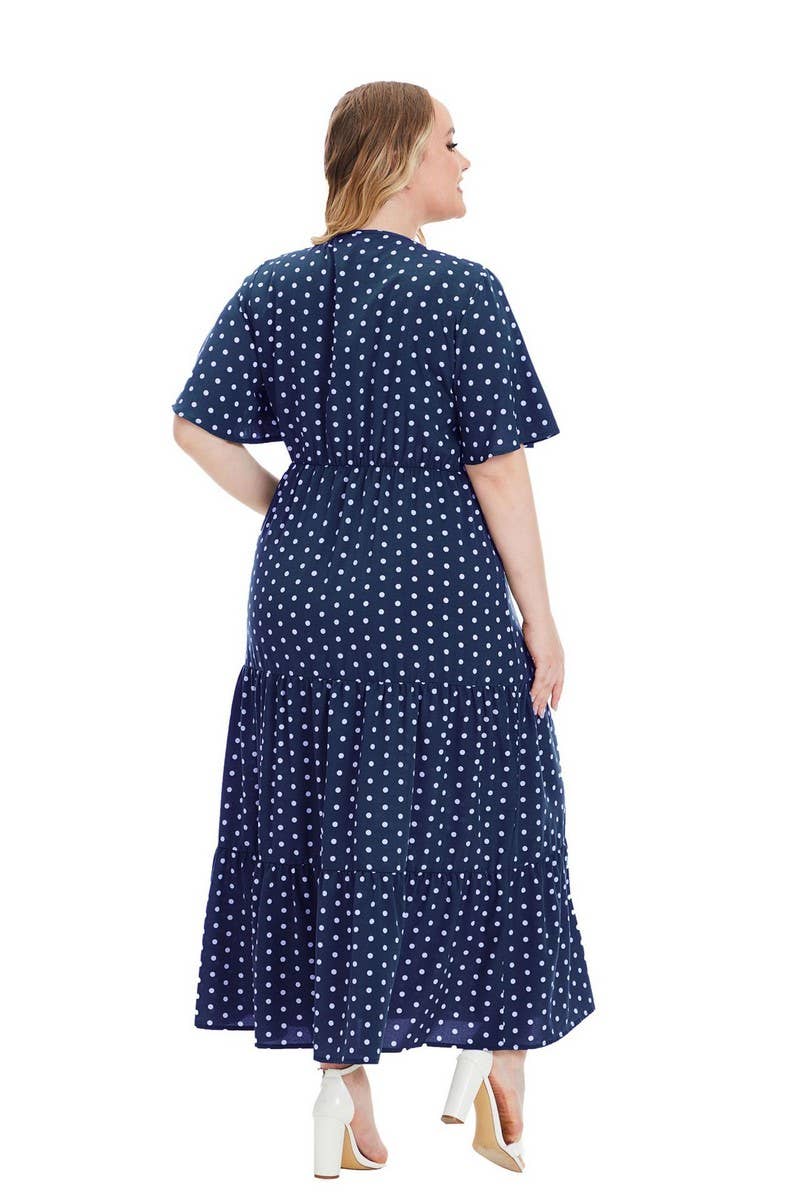 CWDMD3210_PLUS SIZE V-NECK POLKA DOT SHORT SLEEVE DRESS