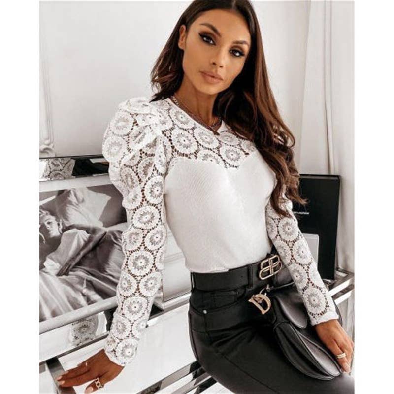 SOLID COLOR LONG SLEEVE LACE CUT-OUT FASHION TOP