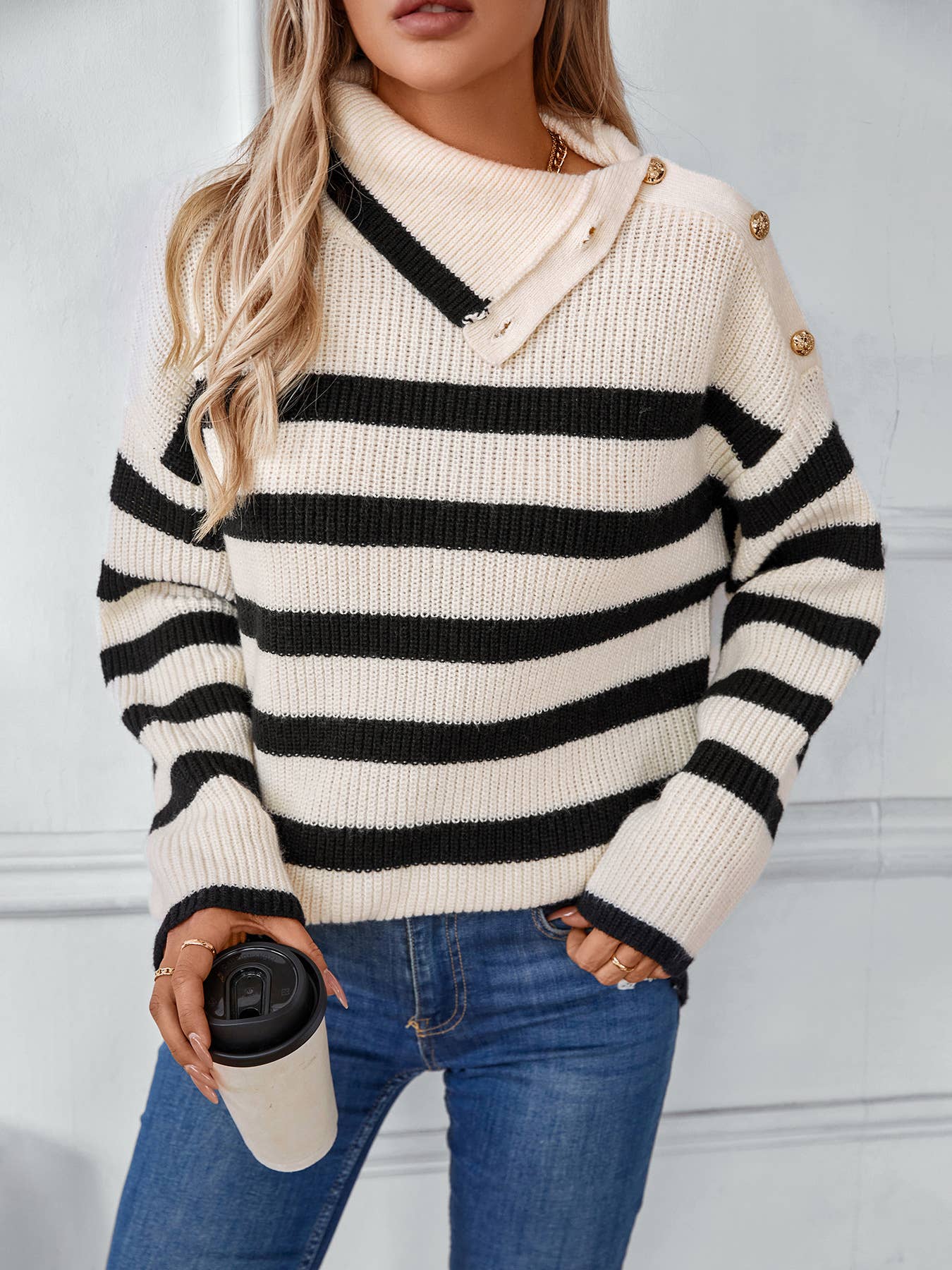 STRIPED LAPEL PULLOVER CASUAL BUTTON KNIT