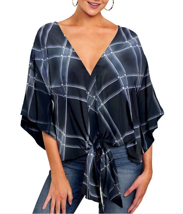 V-neck knotted printed loose sleeved top