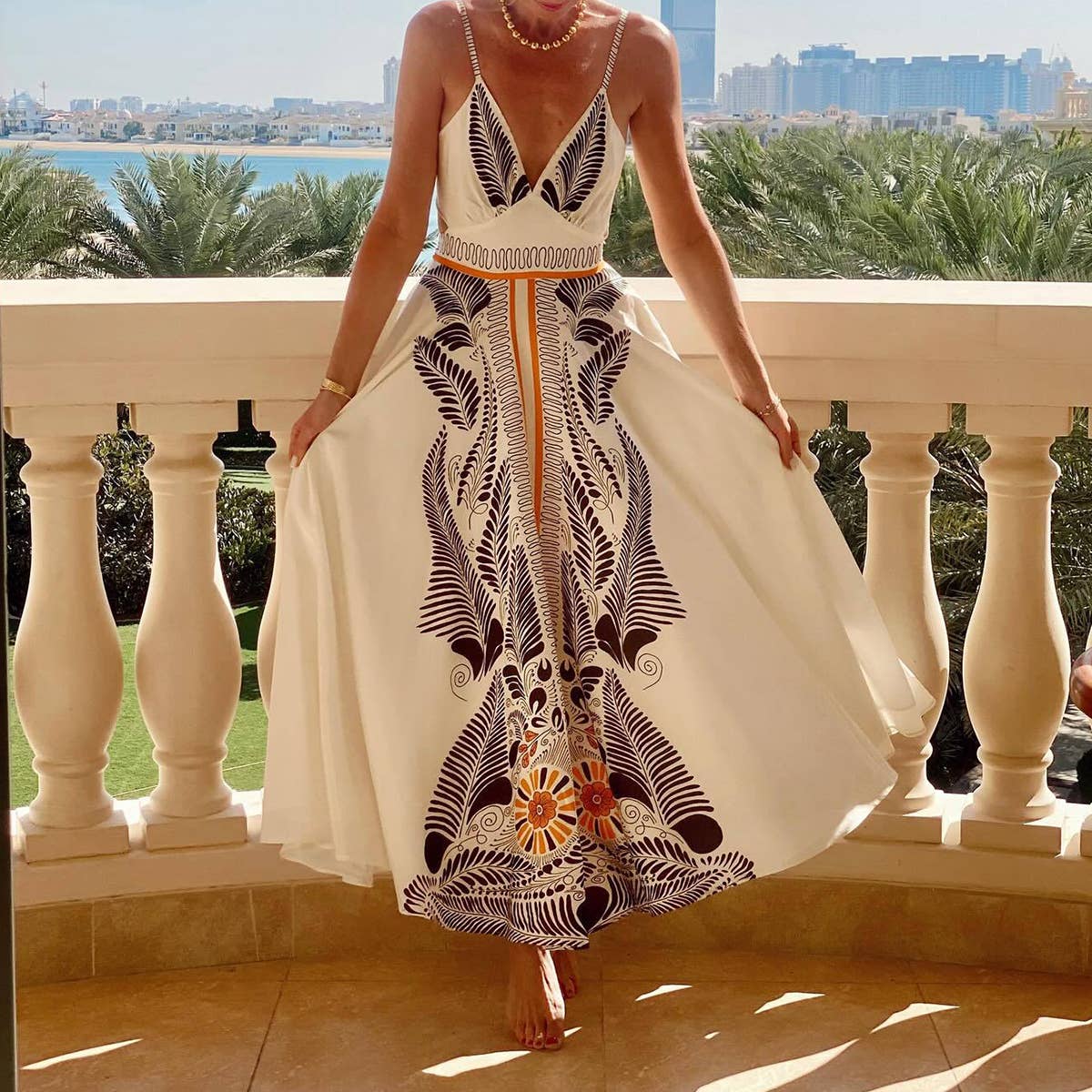 Printed off-the-neck,low-cut sexy halter dress