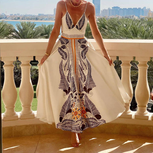 Printed off-the-neck,low-cut sexy halter dress