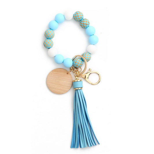 Checkerboard Wood Bead Bracelet Silicone Keychain_CWMM6877