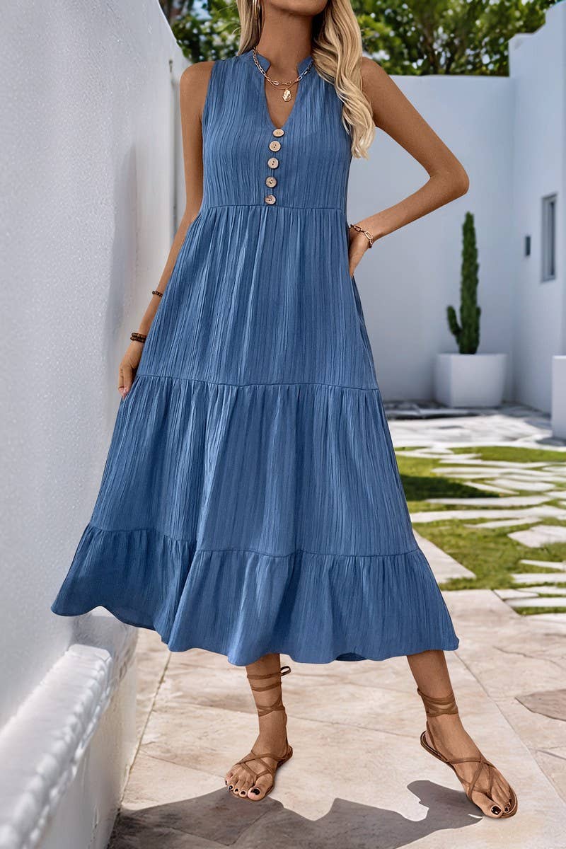 CWDMD4221_SOLID COLOR V-NECK TEXTURED SLEEVELESS DRESS